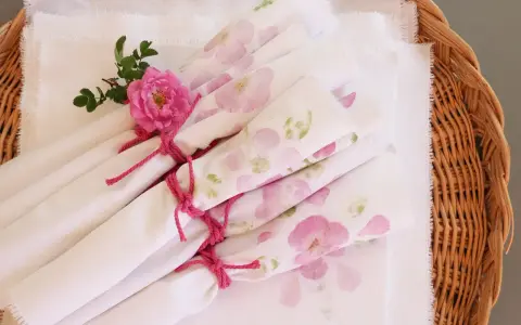Vita tygservetter med rosa blommor, bundna med rosa snöre och dekorerade med en ros. Vackert dukat för en sommarfest.
