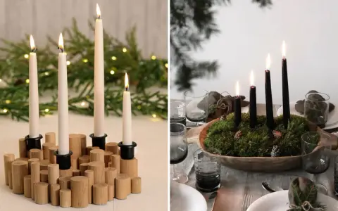 Två adventsljusstake-inspo: en med vita ljus på trästubbar, en annan med svarta ljus i en mossig skål.