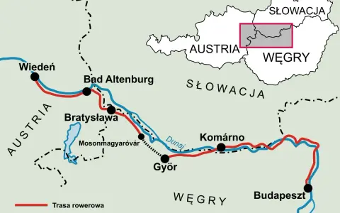 Mapa Europy Środkowej z zaznaczonym Dunajem, trasami rowerowymi i kolejowymi między Wiedniem a Budapesztem.