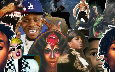 Kolaż przedstawiający artystów hip-hopowych, takich jak DaBaby, Cardi B i inni, tworzących najpopularniejsze kawałki hip-hop.