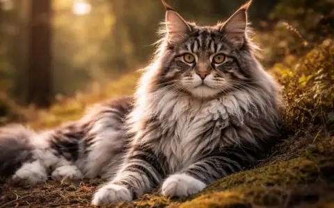 Majestatyczny kot rasy Maine Coon, z bujną grzywą i puszystym ogonem, leży w jesiennym lesie. Jego charakterystyka to łagodność i przyjazność.