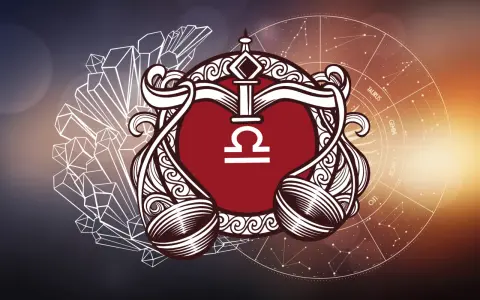 Symbol Wagi, tuż przed zodiakalnym Skorpionem, otoczony kryształami i kołem zodiaku.