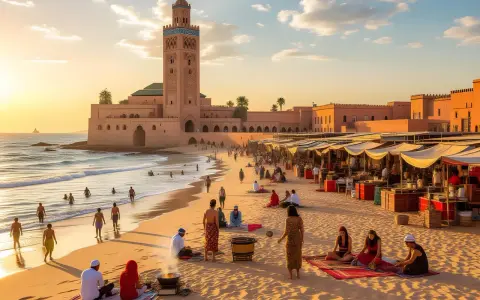 Ein Strand mit Menschen, die baden und entspannen, während im Hintergrund eine Moschee und ein Markt zu sehen sind. Hier liegt Marrakesch am Meer, ein malerischer Anblick.