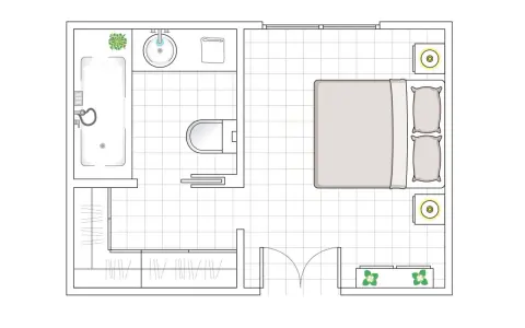 Plano de medidas habitación matrimonio con baño y vestidor. Incluye cama, dos mesitas, bañera, inodoro, lavabo y armarios.
