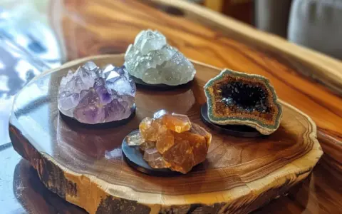 Cztery kryształy na drewnianej desce. Fioletowy ametyst, zielony kwarc, bursztynowy kalcyt i geoda z czarnymi kryształami. Opal, kamień znak zodiaku, może być jednym z nich.
