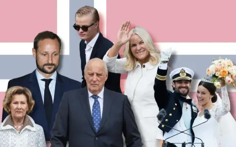 Królewska rodzina Norwegii: Król Harald V, królowa Sonja, książę Haakon, księżna Mette-Marit i książę Sverre Magnus.