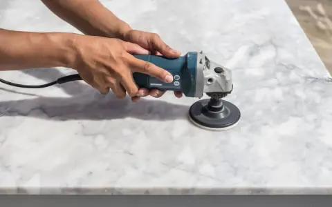 Manos puliendo una encimera de mármol con una lijadora. El proceso de como pulir mármol para dejarlo brillante.