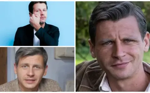 Trzy ujęcia Patryka Szwichtenberga: w garniturze na niebieskim tle, w swetrze i w brązowej kurtce na tle natury.
