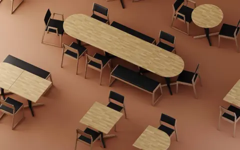 Ensemble de tables et chaises en bois clair et noir, parfait pour l'art de la table professionnel.