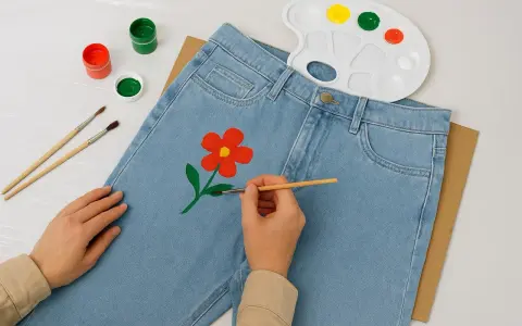 En person målar en röd blomma med gul mitt på ett par ljusblå jeans. Penslar, färger och en palett ligger bredvid.