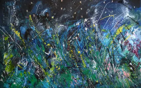 Une interprétation vibrante de la nuit étoilée, avec des touches de jaune et de bleu rappelant l'analyse de Van Gogh. La texture tourbillonnante évoque le mouvement des étoiles.