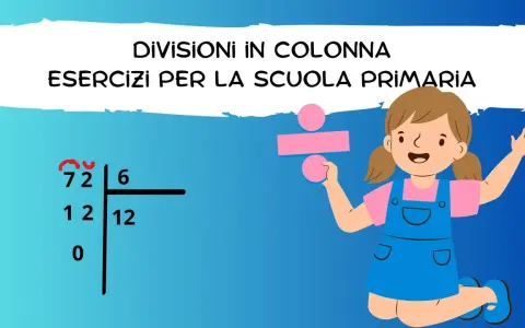 Bambina sorridente con simbolo di divisione, esercizio di divisione come distribuzione schede per la scuola primaria.