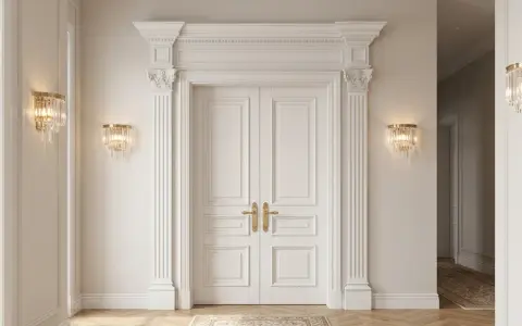 Elegancka sztukateria w sypialni zdobi dwuskrzydłowe drzwi, podkreślając klasyczny styl wnętrza.