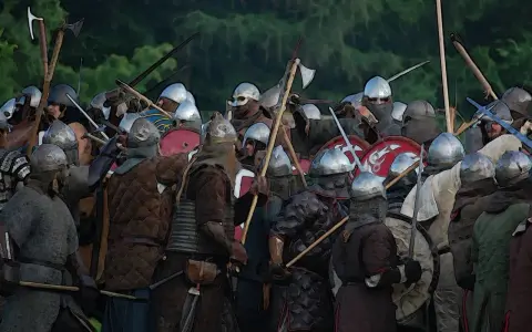 En grupp svensk viking krigare i strid, beväpnade med yxor och svärd, redo att försvara sitt land.