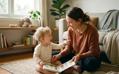 Bambino sorridente indica un libro, forse imparando a quanti mesi i bambini iniziano a parlare. Mamma felice lo osserva.