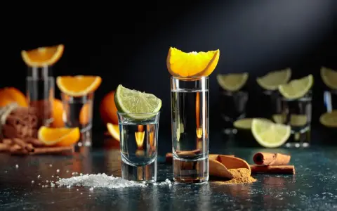 Zwei Tequila-Gläser mit Limette und Orange, bereit für die Tequila-Reihenfolge. Salz und Zimt liegen daneben.