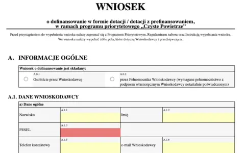 Formularz wniosku o dofinansowanie z PCPR dla niepełnosprawnych. Sekcja "Dane Wnioskodawcy" zawiera pola na nazwisko, PESEL i dane kontaktowe.