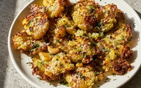 Krispiga, ugnsbakade smashed potatis parmesan med färsk persilja. Enkel och god rätt.