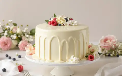 Gâteau élégant avec un glaçage sans chocolat blanc, décoré de fruits rouges, de baies et de fleurs fraîches.