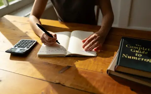 Une personne écrit dans un carnet, une calculatrice à côté. Un livre "The Complete Guide to Numerology" est posé sur la table.