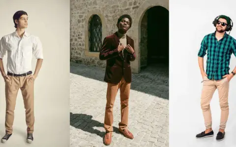 Three men showcase stylish outfits. The first wears a white shirt and camel pants. The second, a burgundy jacket over a tan turtleneck and camel pants. The third, a green plaid shirt and camel pants. These looks demonstrate what colors go with camel.