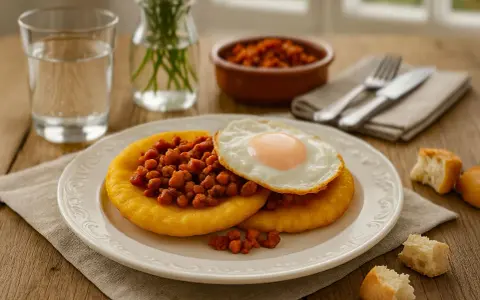 Dos tortos asturianos con chorizo y huevo frito, acompañados de pan y un vaso de agua.