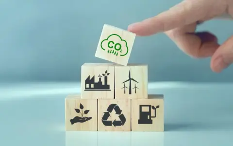 Klocki symbolizujące zielony ład: fabryka, wiatraki, sadzonka, recykling, paliwo. Na górze kostka z chmurką CO2 i strzałkami w dół.