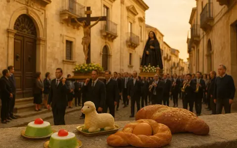 Una processione religiosa per la Pasqua in Sicilia, con statue sacre portate a spalla e dolci tipici in primo piano.
