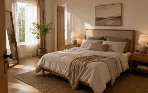 Dormitorio sereno con cama de estilo feng shui, luz natural, espejo y planta.