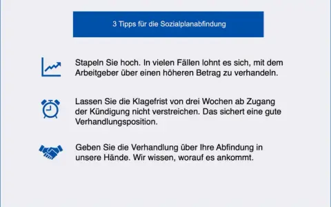 3 Tipps für die Sozialplanabfindung: Verhandeln Sie hoch, beachten Sie Fristen und überlassen Sie die Abfindungsverhandlung uns.