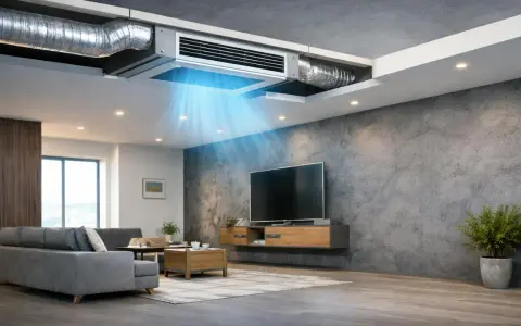 Sistema de climatización por conductos invisible que refresca el salón moderno.