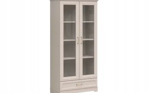 Elegancka brw kent witryna z przeszklonymi drzwiczkami i szufladą. Idealna do salonu.