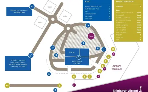 Mapa lotniska Edynburg. Pokazuje drogi, parkingi, transport publiczny i dojazd do centrum miasta.