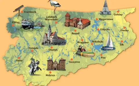 Mapa turystyczna Warmii i Mazur z zamkami, jeziorami, żaglówką, kajakarzami i bocianem.