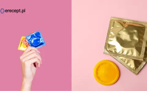 Dłoń trzyma kolorowe prezerwatywy. Obok złote opakowania i żółta prezerwatywa. Pytanie: tadalafil a alkohol?