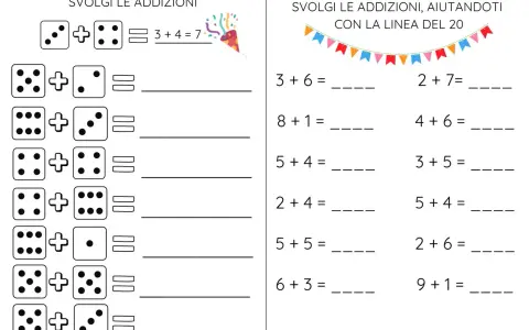 Verifica di matematica per la classe terza elementare: addizioni con dadi e linea del 20.