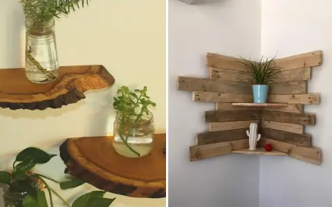 Idee mensole con pallet: mensole rustiche in legno grezzo e una mensola angolare fai-da-te con assi di pallet, perfette per piante e decorazioni.
