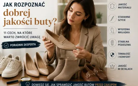 Ekspertka prezentuje beżową butę, obok niej różne rodzaje obuwia. Poradnik "Jak rozpoznać dobrej jakości buty?".