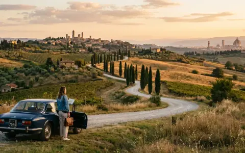 Donna con mappa accanto a un'auto d'epoca in un paesaggio collinare toscano, con borghi medievali e vigneti. Un perfetto itinerario toscana.