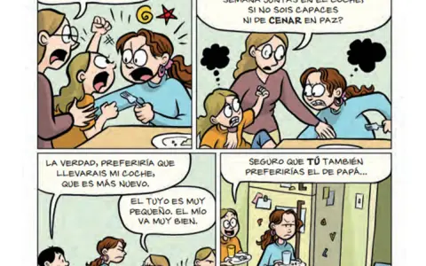 Viñetas de un comic infantil: una madre regaña a sus hijas, que discuten por la cena y los coches.