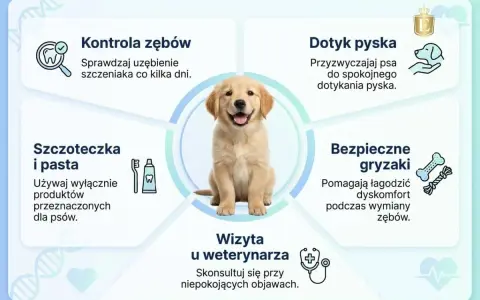Uroczy szczeniak golden retrievera w centrum grafiki. Wokół niego wskazówki dotyczące pielęgnacji zębów psa, w tym kontrola, szczotkowanie, dotyk pyska, gryzaki i wizyta u weterynarza. Zapobiegaj wypadaniu zębów u psa dorosłego.