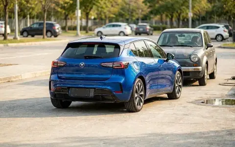 Ein blauer Kleinwagen parkt neben einem älteren grauen Auto. Zukünftig könnten solche Modelle, welche autos steigen im wert, zu begehrten Sammlerstücken werden.