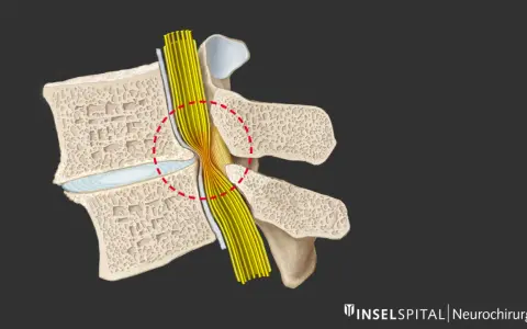 Darstellung einer Spinalkanalstenose, die Nervenwurzeln komprimiert. Eine Operation kann hier Linderung verschaffen.
