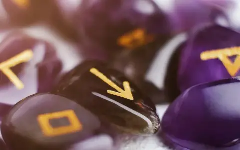 Kamienie z runami, w tym symbol przypominający numerologiczną 1, tworzą mistyczną kompozycję.