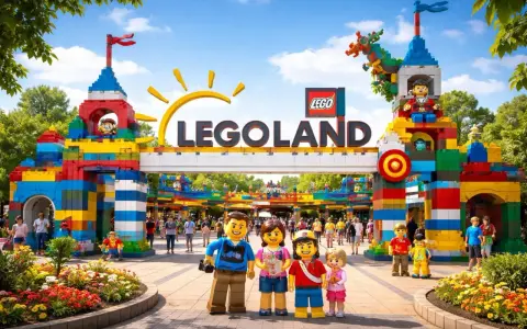 Rodzina na tle bramy Legolandu, gotowa na wycieczkę promem. Kolorowe budowle z klocków LEGO i uśmiechnięte postacie zapraszają do zabawy.