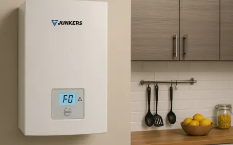 Caldera Junkers con display F0, indicando la necesidad de bajar presión caldera Junkers. Cocina moderna al fondo.