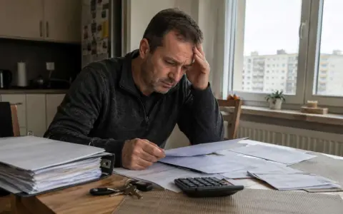 Zmartwiony mężczyzna analizuje dokumenty, szukając odpowiedzi, jak zachować mieszkanie przy upadłości. Na stole leżą klucze i kalkulator.