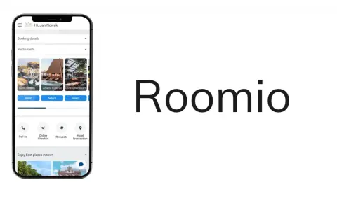 Aplikacja Roomio ułatwia rezerwacje i online check-in. Widok telefonu z opcjami restauracji i usług.