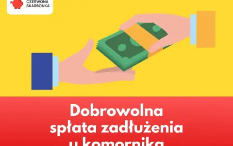 Dwie dłonie przekazują sobie plik banknotów. Napis głosi: Dobrowolna spłata zadłużenia u komornika.