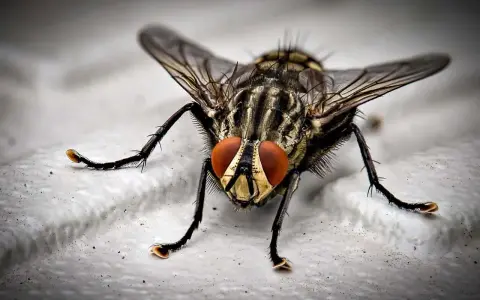 Mosca de cerca, con sus grandes ojos rojos y patas peludas. Una imagen que inspira a pensar en como matar moscas.